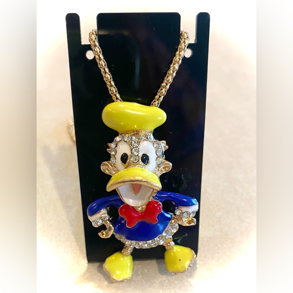 NEW Betsey Johnson Donald Duck Necklace bright enamel & clear crystals.
